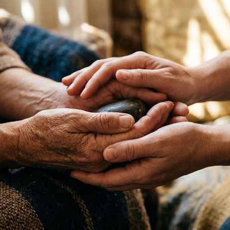 Close-up of weathered and smooth hands clasped together over a small stone, bathed in warm, dappled sunlight, symbolizing comforting presence and shared burden.