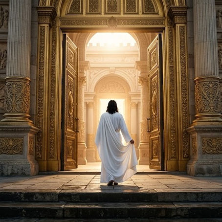 Une photographie grand angle, au rendu cinématographique, représentant une silhouette vue de dos, vêtue d'une robe de lin blanc immaculé aux drapés fluides. La silhouette se tient devant les portes dorées, massives et ouvragées, d'un temple ancien et majestueux. Une lumière chaude et divine émane de l'intérieur des portes ouvertes, projetant une douce lueur sur la cour de pierre et les fines ciselures des piliers. La scène évoque un sentiment de préparation sacrée ainsi que le « Repas des noces de l'Agneau ».