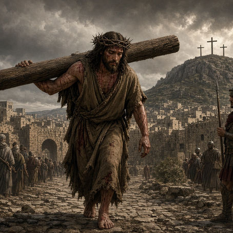 Jésus, l’Agneau docile et silencieux, porte une couronne d’épines tandis qu’il porte la traverse de la croix vers le Golgotha, accomplissant la prophétie dans un abandon serein.