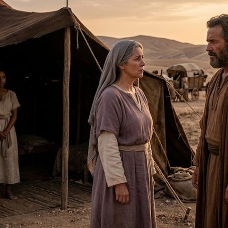An ancient Near Eastern scene depicting Abraham and Sarai with troubled expressions, standing outside a large goatskin tent at dusk. Sarai is gesturing towards Hagar, an Egyptian servant girl, who watches tentatively from a separate shelter, illustrating the moment of choosing a human shortcut over God’s will.