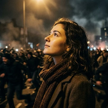 Un plan de profil cinématographique d'une femme sereine, levant les yeux vers une lumière chaude et dorée au cœur d'une rue urbaine sombre et chaotique. Tandis qu'une foule floue s'enfuit derrière elle, paniquée, à travers la fumée et les ombres, elle demeure immobile et calme, le visage empreint d'espoir. Le contraste entre la nuit sombre et atmosphérique et l'éclat quasi divin qui illumine son visage crée un puissant sentiment de paix et d'attente.