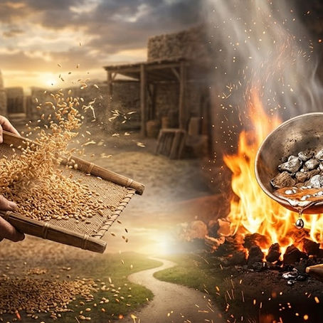 Une image composite illustrant deux métaphores bibliques : une personne vannant du grain à l'aide d'un panier dans un cadre villageois, et des mains tenant un bol de minerai d'argent au-dessus d'un feu de forge ouvert, en vue de son affinage.