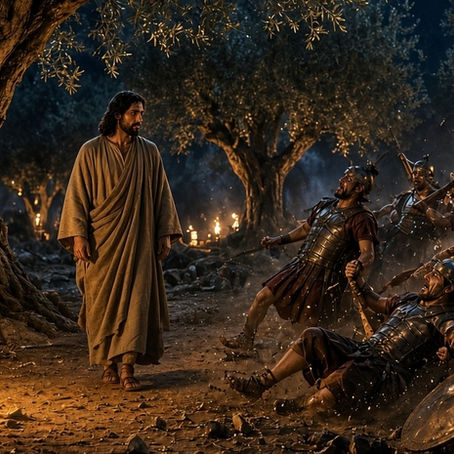 Una escena nocturna en Getsemaní: Jesús sale de entre las sombras de los olivos a la luz de las antorchas, y la compañía armada retrocede mientras su presencia llena el jardín. No aparecen palabras en la imagen.