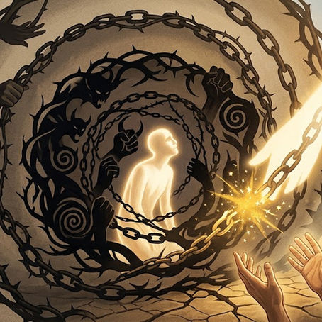 Una imagen conceptual ilustrativa que muestra un alma humana resplandeciente enredada en cinco capas concéntricas de cadenas espinosas y manos sombrías, representando las etapas de la esclavitud espiritual. Una poderosa y radiante luz dorada atraviesa la oscuridad desde arriba, rompiendo las cadenas y ofreciendo un camino hacia la libertad, simbolizando la salvación a través de Jesucristo.
