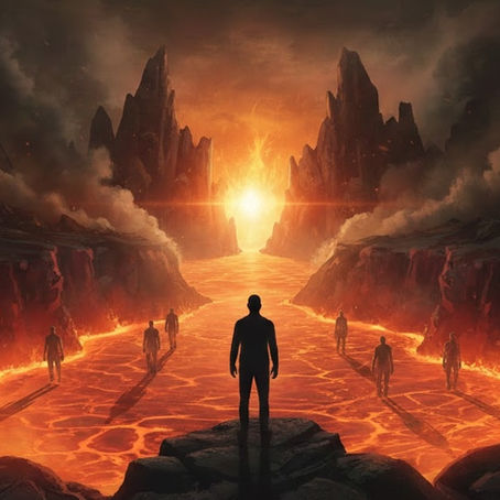 लोगों के सिल्हूट और चमकते क्षितिज के साथ एक भयानक परलोक का नाटकीय चित्रण, जो नरक और अनंत काल की बाइबिल की अवधारणाओं को दर्शाता है।