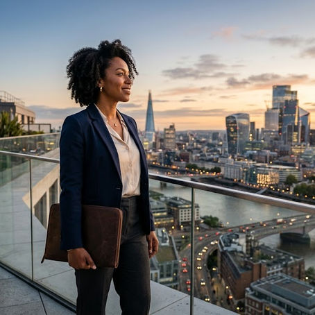 A professional Black woman in a navy blazer stands confidently on a high-rise rooftop terrace at dawn, holding a leather portfolio and looking out over a sprawling city skyline during a golden sunrise.