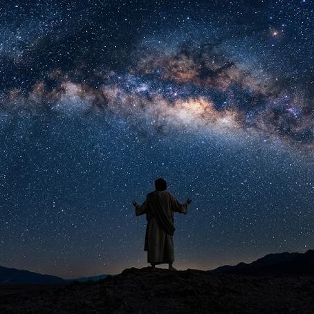 A cinematic, low-angle shot of a man in ancient robes standing on a dark desert ridge, his back to the camera and arms slightly raised in awe. Above him, a brilliant and vast Milky Way galaxy stretches across the entire night sky, filled with thousands of shimmering stars and cosmic dust. The scene illustrates the biblical story of Abraham looking at the stars, symbolizing God's vast promises and faith in the unknown.