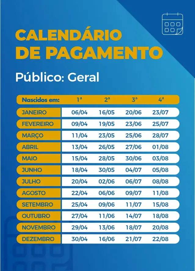 Calendário de pagamento das parcelas do auxílio emergencial.