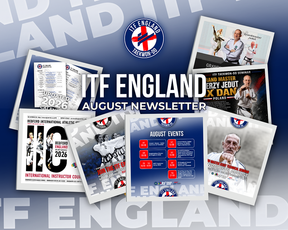 ITF England August 2026 Newsletter cover with Taekwon-Do event dates