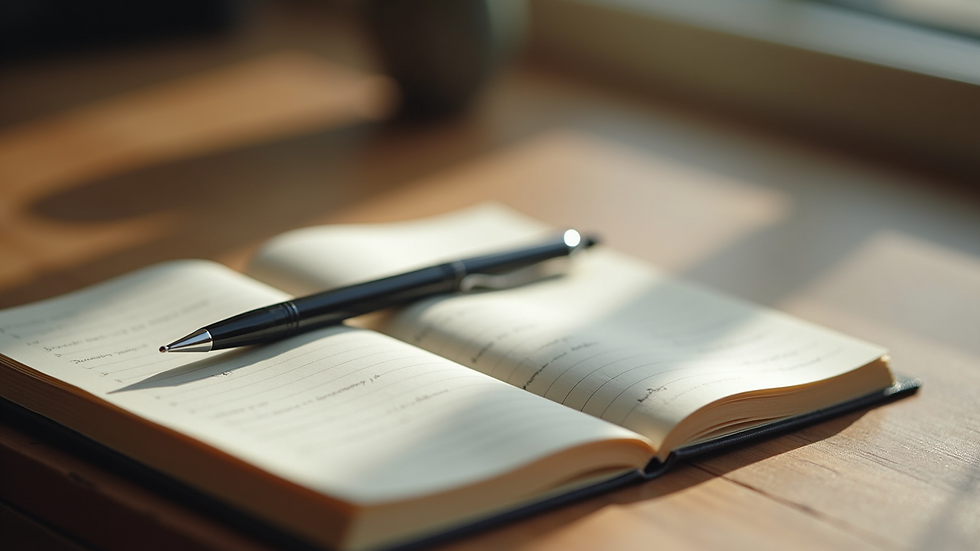Close-up view of a journal and pen on a wooden table for daily reflection practice