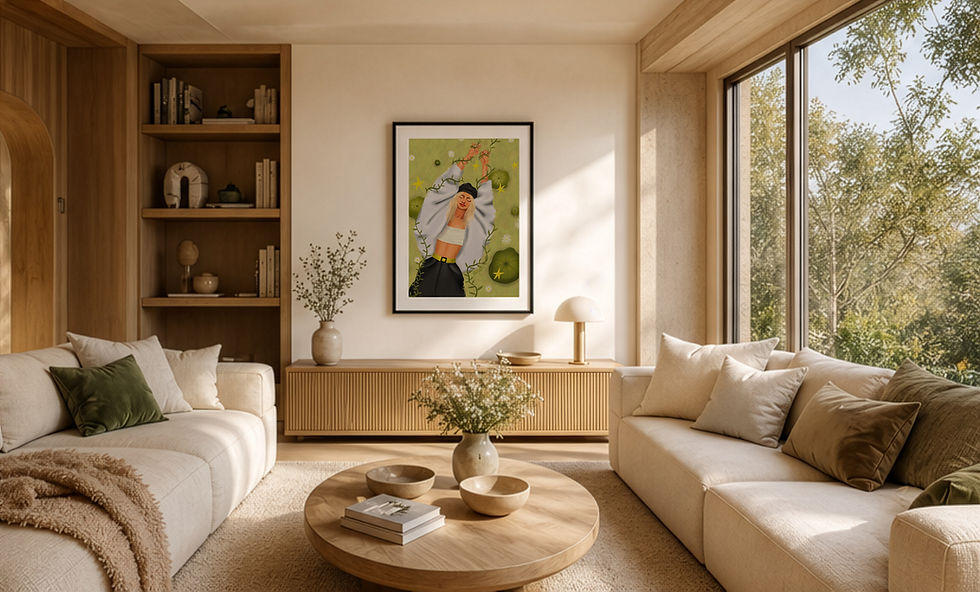 hankful fine art print framed on living room wall – woman in grey oversized jacket with arms raised in joy, olive green botan