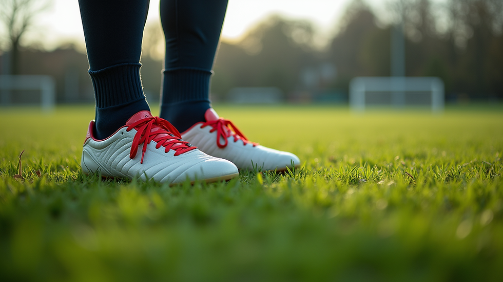 Eye-level view of rugby boots on grass field