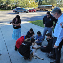 students play with the fire therapy dog