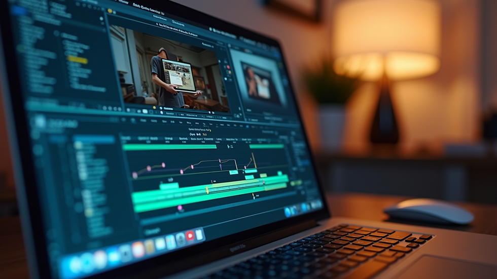 Close-up view of a laptop screen displaying video editing software