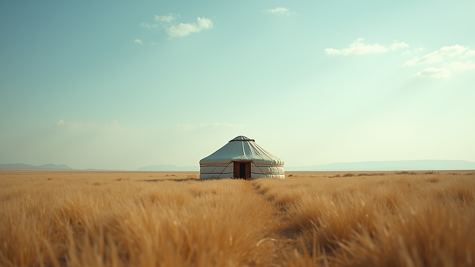 Eye-level view of a traditional Mongolian ger in a vast grassland