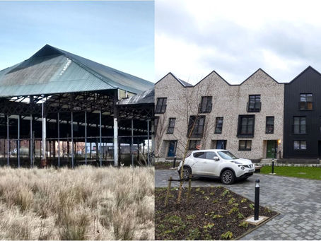 A before and after picture showing the site's transformation from derelict buildings and vacant brownfield land to a thriving community in modern, energy efficient newbuild townhouses