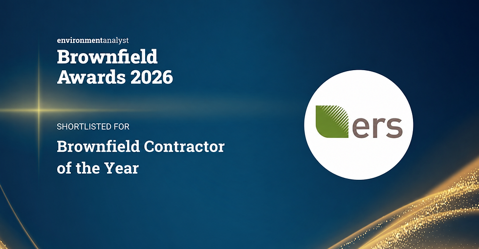 ERS' logo in a white circle on a blue background with decorative gold brush effect across the bottom right corner. The text says Envirnment analyst Brownfield Awards 2026. Shortlisted for Brownfield Contractor of the Year