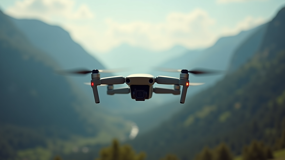 Eye-level view of a compact drone hovering over a scenic mountain valley
