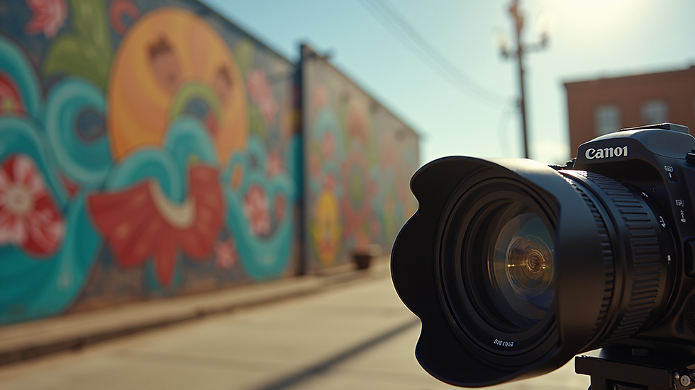 Close-up view of a camera lens focusing on a colorful mural in downtown El Paso