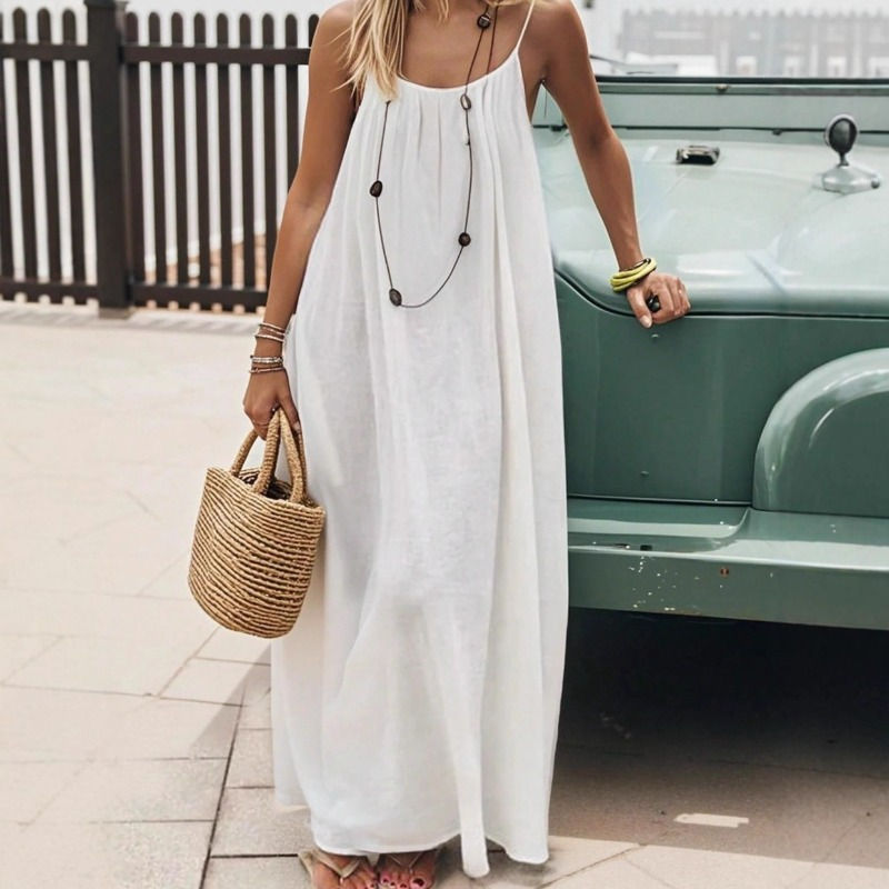 Loose-Fit Spaghetti Strap Dress Casual Summer Dress Solid-Color Vacation