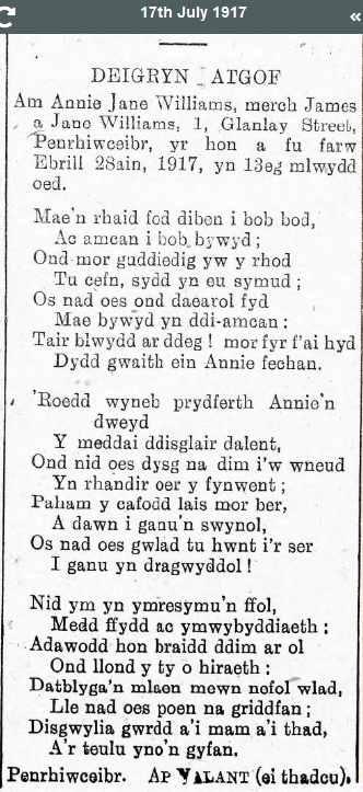 Ap Valant's Poem about granddaughter Annie who died of TB aged 13 in 1917