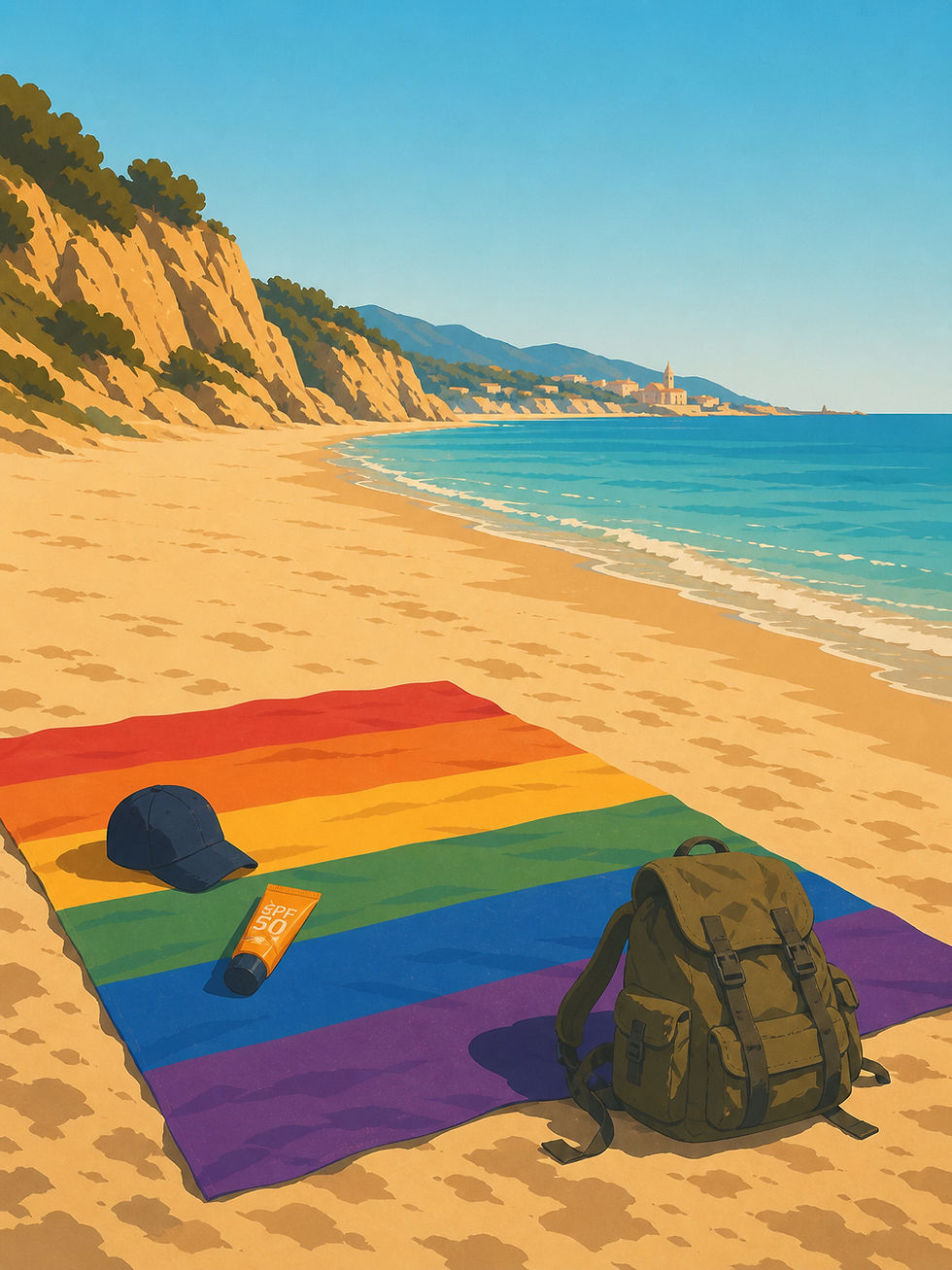 Poster-style illustration of a long, narrow sandy beach under a clear blue sky. A pride-striped blanket lies in the foreground with a dark baseball cap, SPF sunscreen, and a rugged rucksack placed casually on top. The sea is calm and turquoise, with soft waves along the shoreline. Sunlit cliffs and distant hills frame the coast. No people are present, suggesting a quiet, momentarily deserted scene.