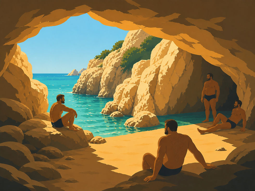 Secluded Mediterranean grotto viewed from inside a cave, rendered in a flat poster style. A dry sandy floor fills the cave, with warm golden light spilling in from the opening. Outside, calm turquoise sea and sunlit rocky cliffs sit under a clear blue sky. Four muscular, broad-built men with body hair relax casually on the sand and rocks, their features simplified and faces not detailed. The scene feels private, warm, and quietly intimate.