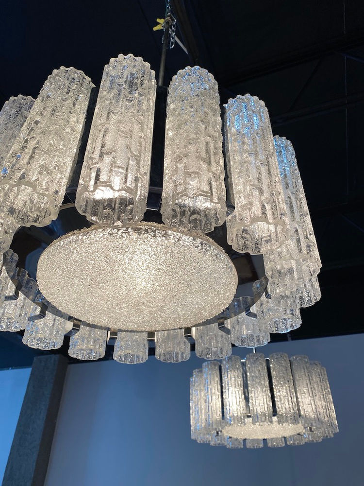 Thumbnail: A Pair Italian Modern Polished Nickel and Hand Blown Glass Chandeliers, Venini