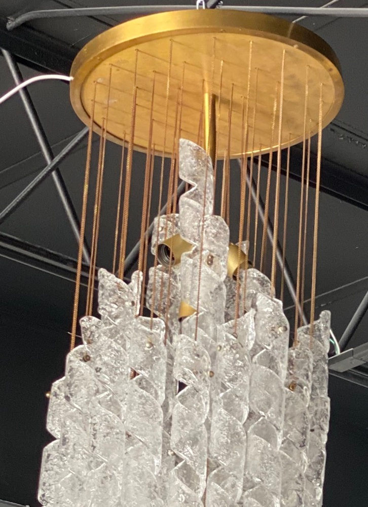 Thumbnail: Pair of Italian Modern Hand Blown Glass and Brass Chandeliers, Mazzega