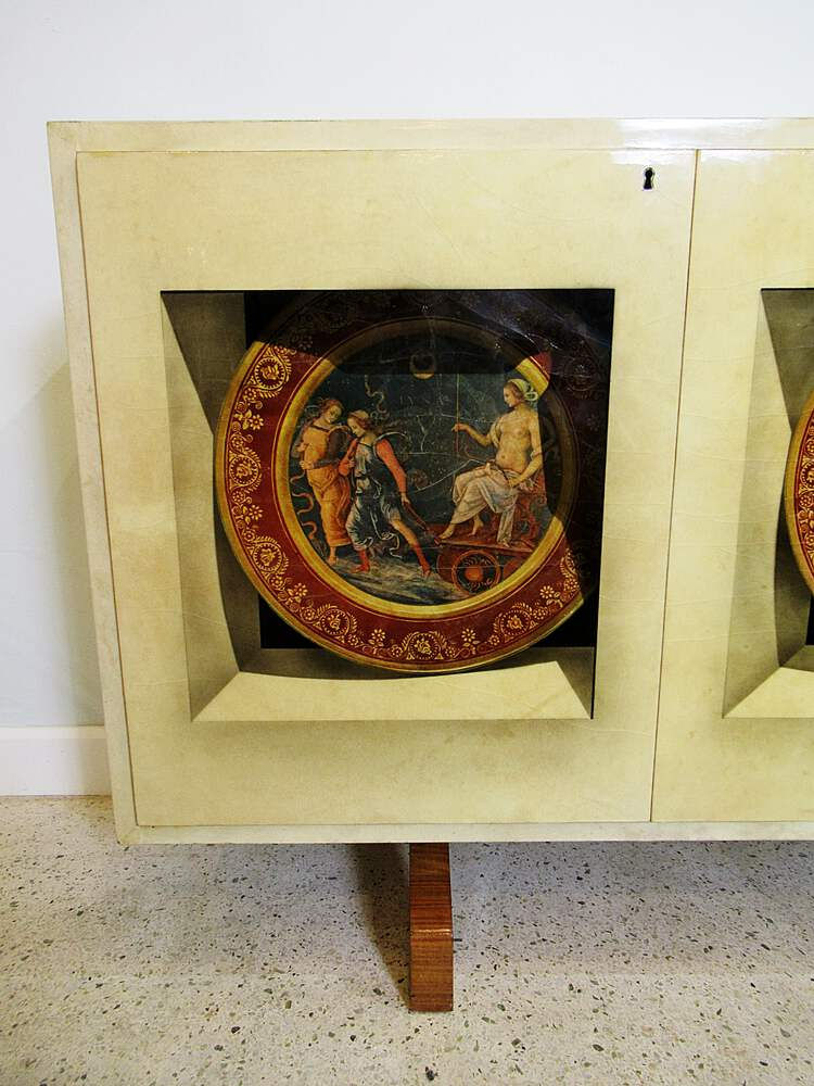 Thumbnail: Italian Modern Parchment, Palisander and Trompe L'oeil Credenza, Aldo Tura