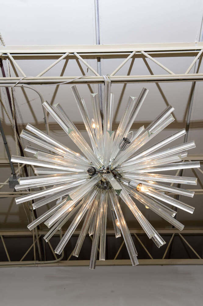 Thumbnail: Pair of Monumental Glass and Polished Chrome Chandeliers, Venini for Camer