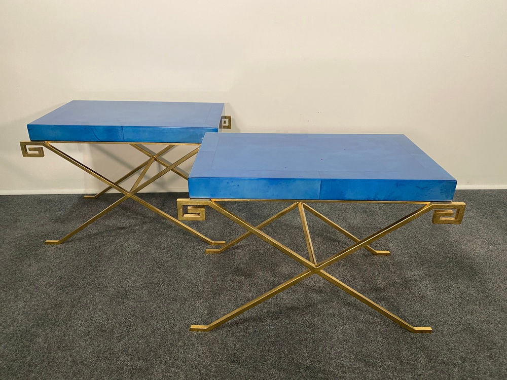 Pair of JMF Greek Key Tables w/ Lapis Goatskin Tops, Karl Springer Ltd