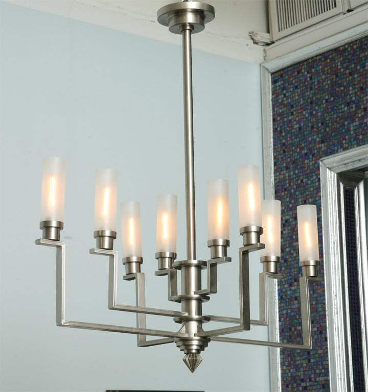 Thumbnail: Fine French Art Deco Hand-Cut Steel and Glass Eight-Arm Chandelier, Jean Perzel