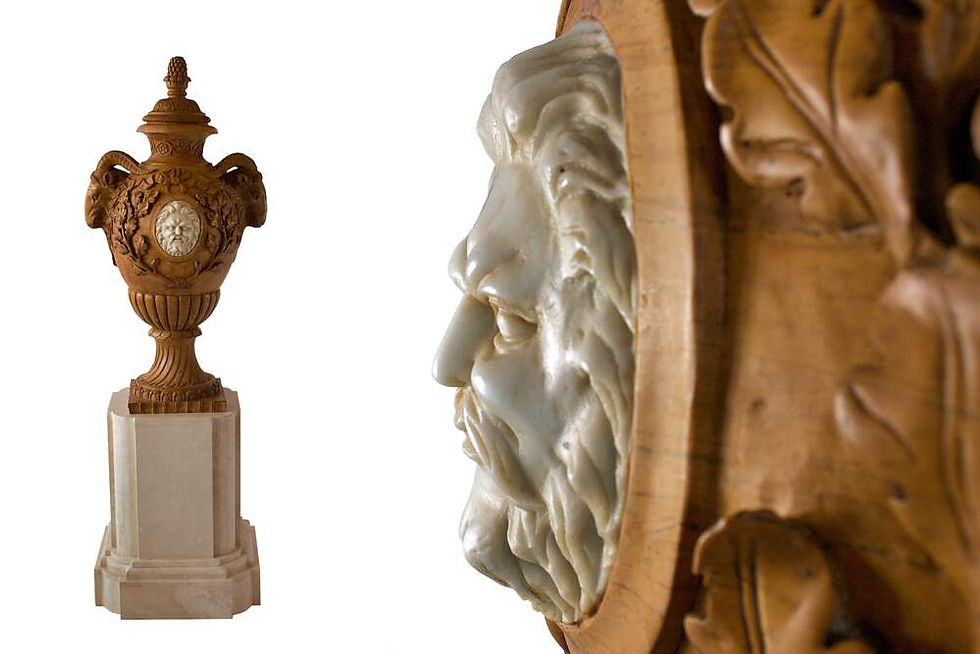 Thumbnail: Fine and Monumental Pair of Italian Neoclassical Siena Marble Urns on Pedestal