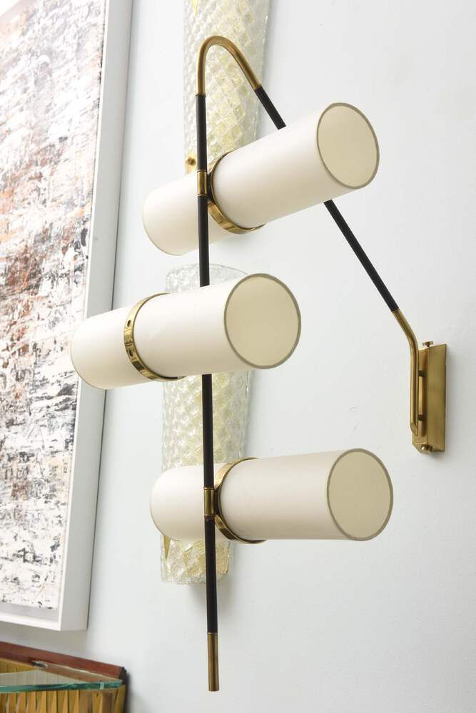 Thumbnail: Pair of Italian Modern Brass, Enameled & Parchment Wall Lights, Sconces,Reggiani