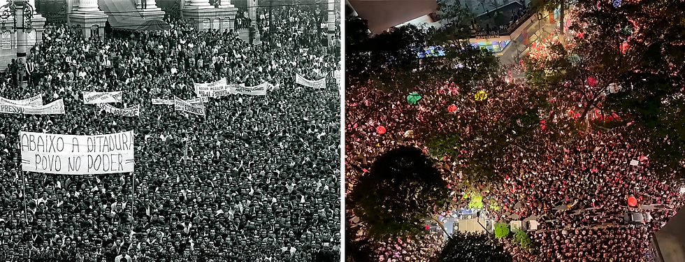 Na foto em preto e branco, Passeata dos Cem Mil na cidade do Rio de Janeiro em protesto a violência praticada pela polícia alguns dias antes no centro da cidade, atingindo estudantes e populares. Na segunda foto, ato contra a extrema direita, a favor da democracia, realizado em 9 de outubro, em BH.