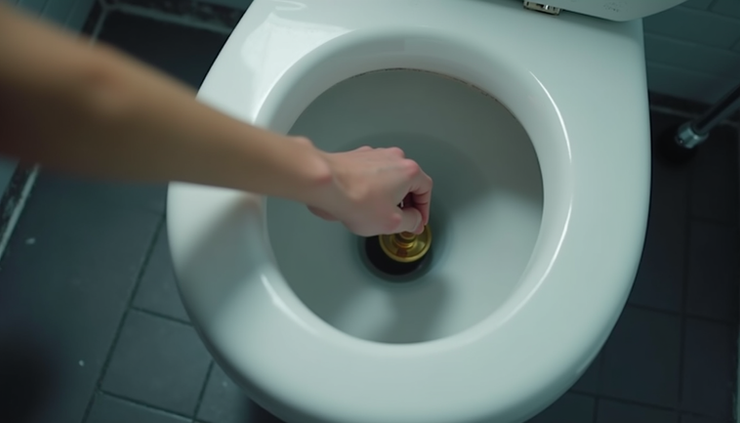 Eye-level view of a homeowner adjusting the float valve inside a toilet cistern