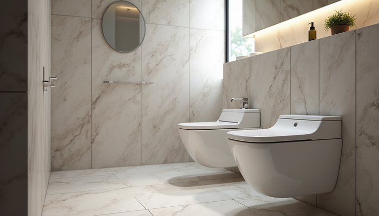 Eye-level view of a modern bathroom with a polymer flushing cistern partially visible behind a decorative panel