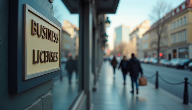 Eye-level view of a government office building with a signboard showing business licenses