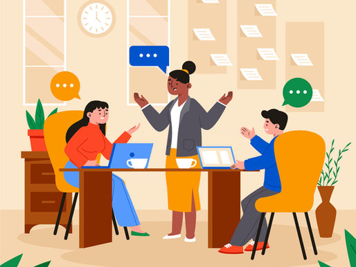 Team meeting with three people in conversation