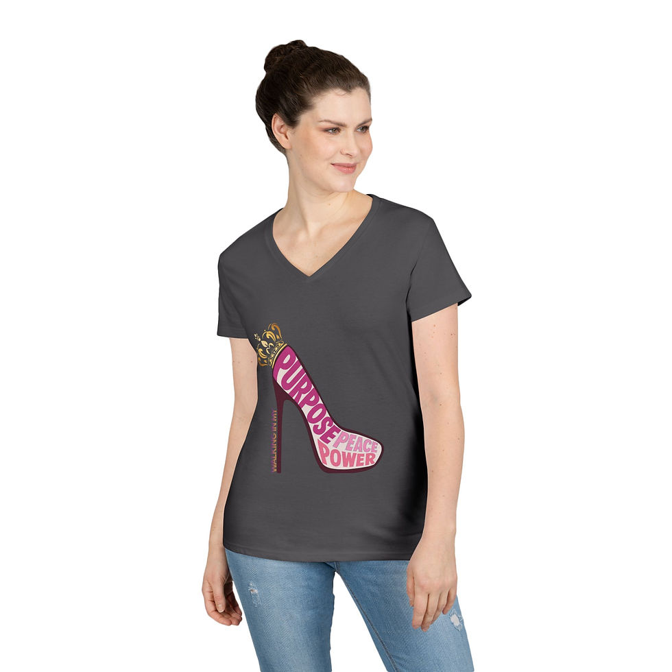 Thumbnail: V-Neck Purpose Peace Power High Heel Graphic Tee| Pink and Gold Logo 
