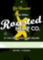 A product label for "Roasted Hemp Co." featuring a yellow figure holding up a peace sign with the text "Get Roasted" in yellow above. The label indicates "75mg Total," "2:1 THC/CBD," and "Chocolate Square," set against a green leaf silhouette on a black background.