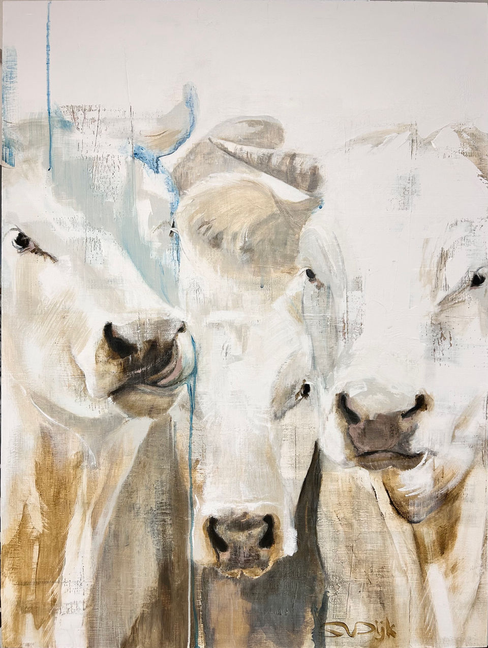 Trio witte koeien geschilderd in acrylverf op houten paneel