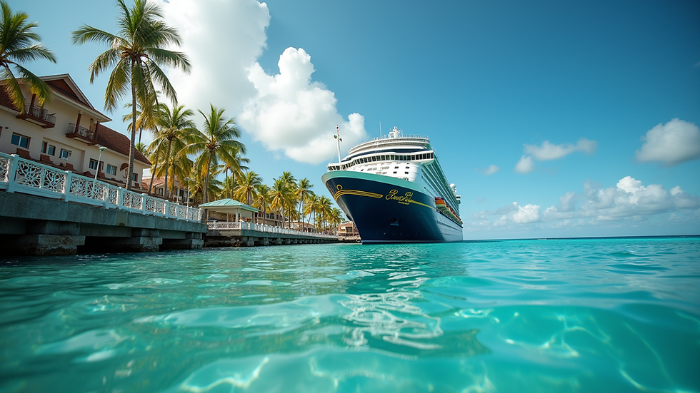 Eye-level view of a Disney cruise ship docked at a tropical port