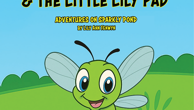 Children's book cover with a cartoon dragonfly hovering over a pond