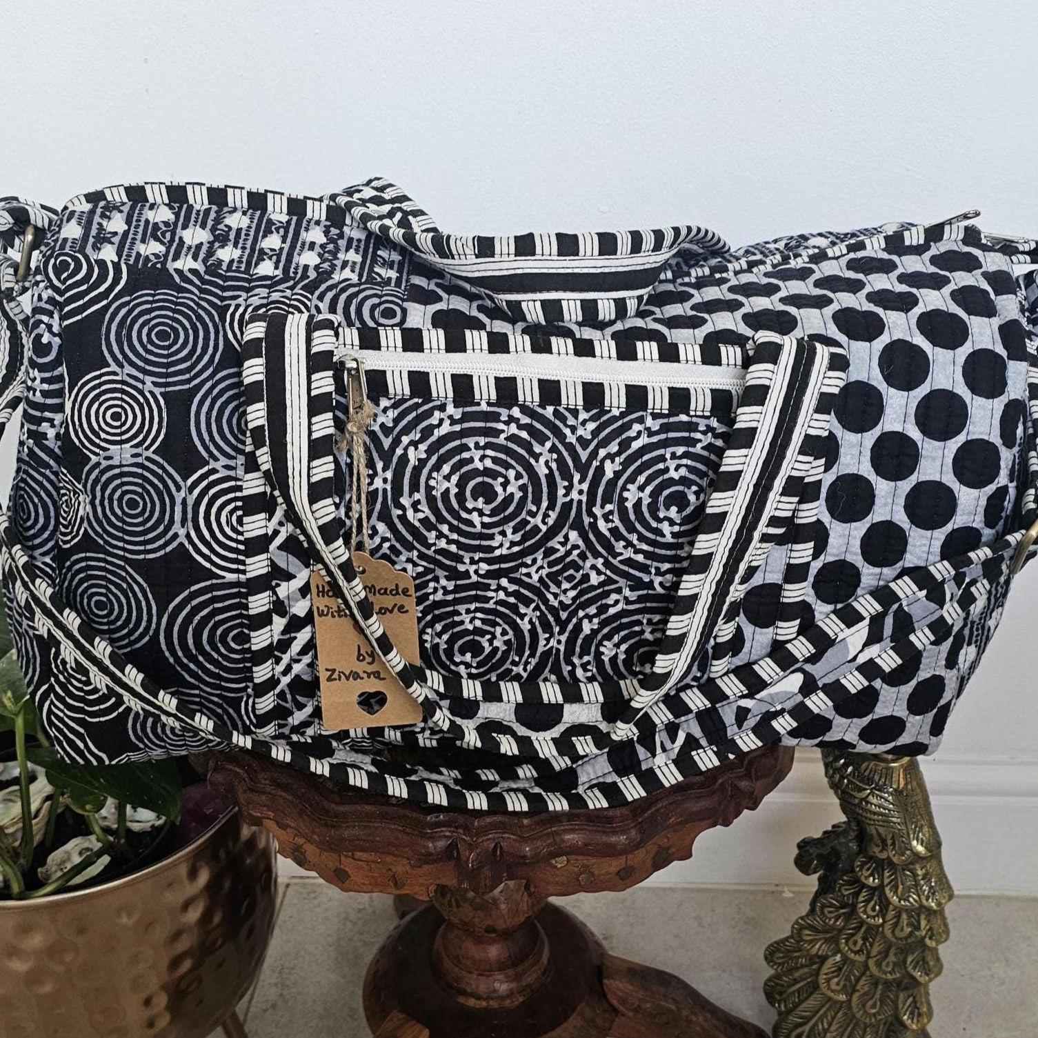 Handmade black and white patchwork polka dot print quilted cotton duffle bag