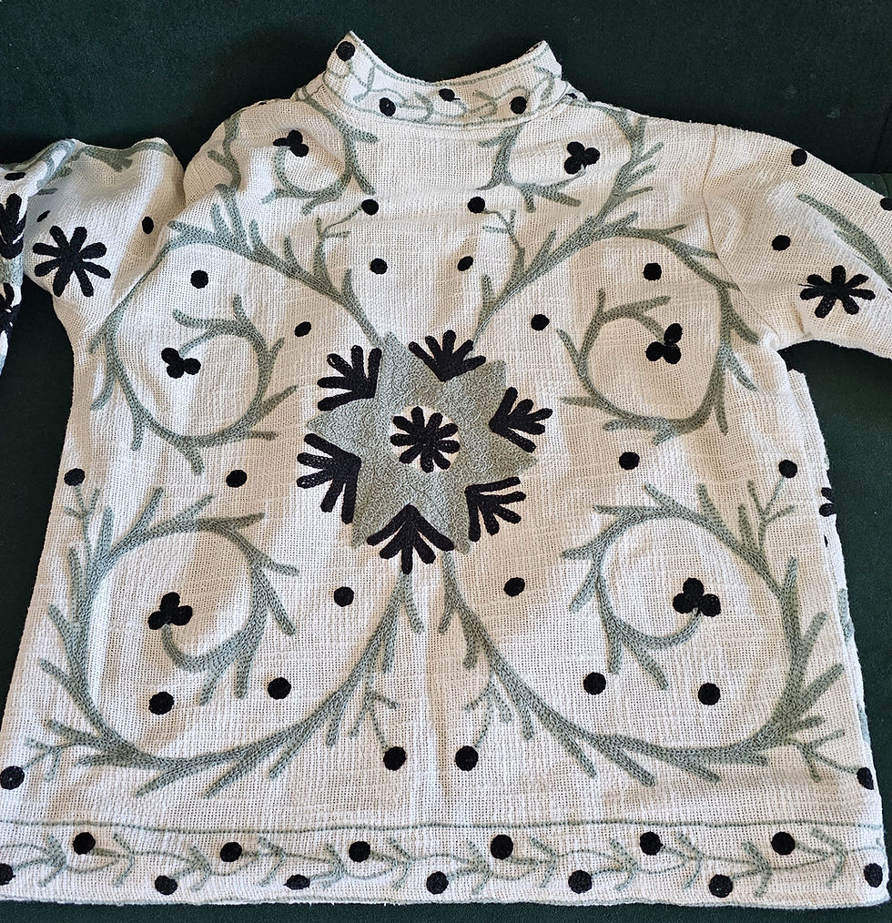 Thumbnail: Hand embroidered black and pastel green cotton jacket. Lightweight artisan layer, perfect for spring, summer and holidays