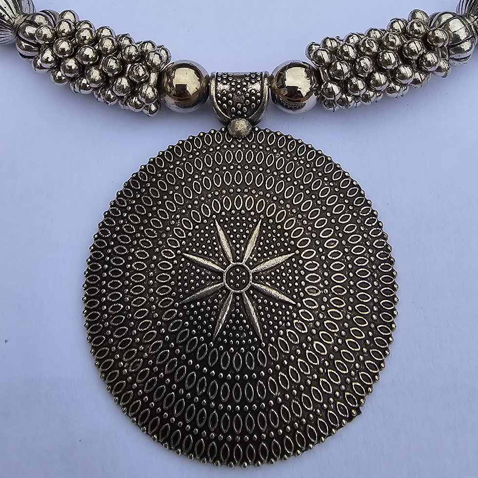 Thumbnail: Zivara Kiran Mandala jewellery set with pink, orange, and blue beads and an oxidized silver sun-patterned pendant.