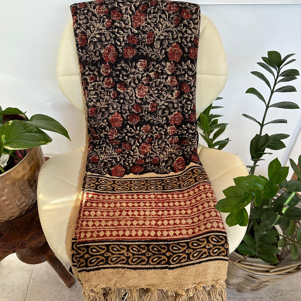 Thumbnail: Intricate black Syahi Begar and Kalamkari style floral hand-block pattern on ivory cotton throw.
