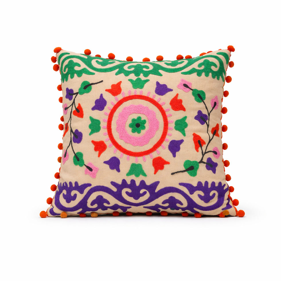 Aura 16x16 ethnic suzani cushion cover with multi-coloured floral embroidery.